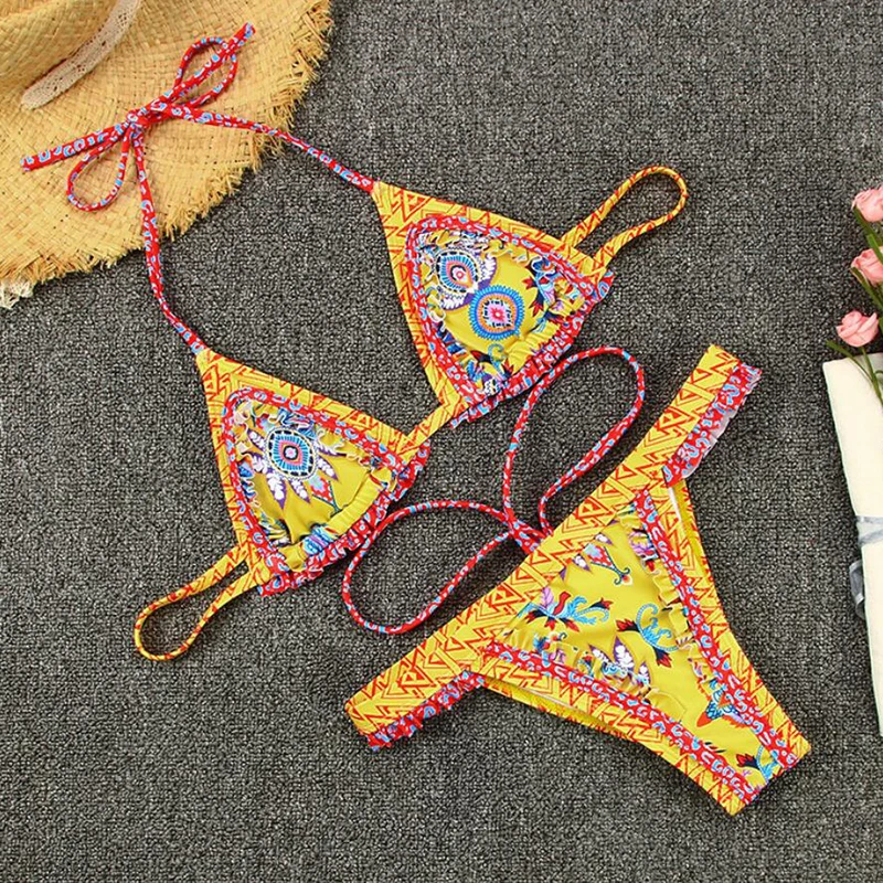 

Vintage Bikini Female National Style Patchwork Backless Swimming Suit For Women Swimwear Sexy Bikini Set String