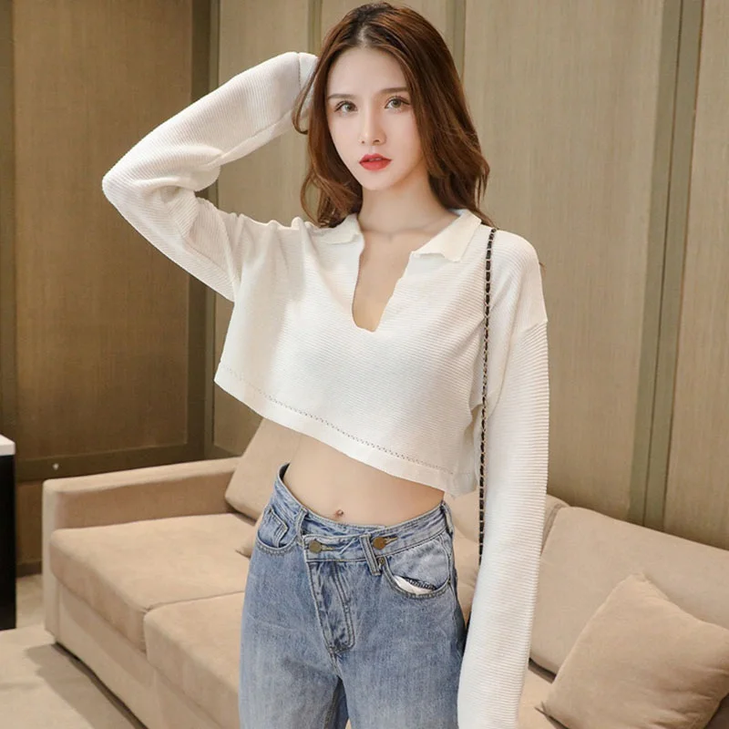 

Liva Girl Women's t-Shirts Korean Solid Color v-Neck Tshirt Navel Exposed Leisure All-Match Knitted Top Camiseta Vetements Femme