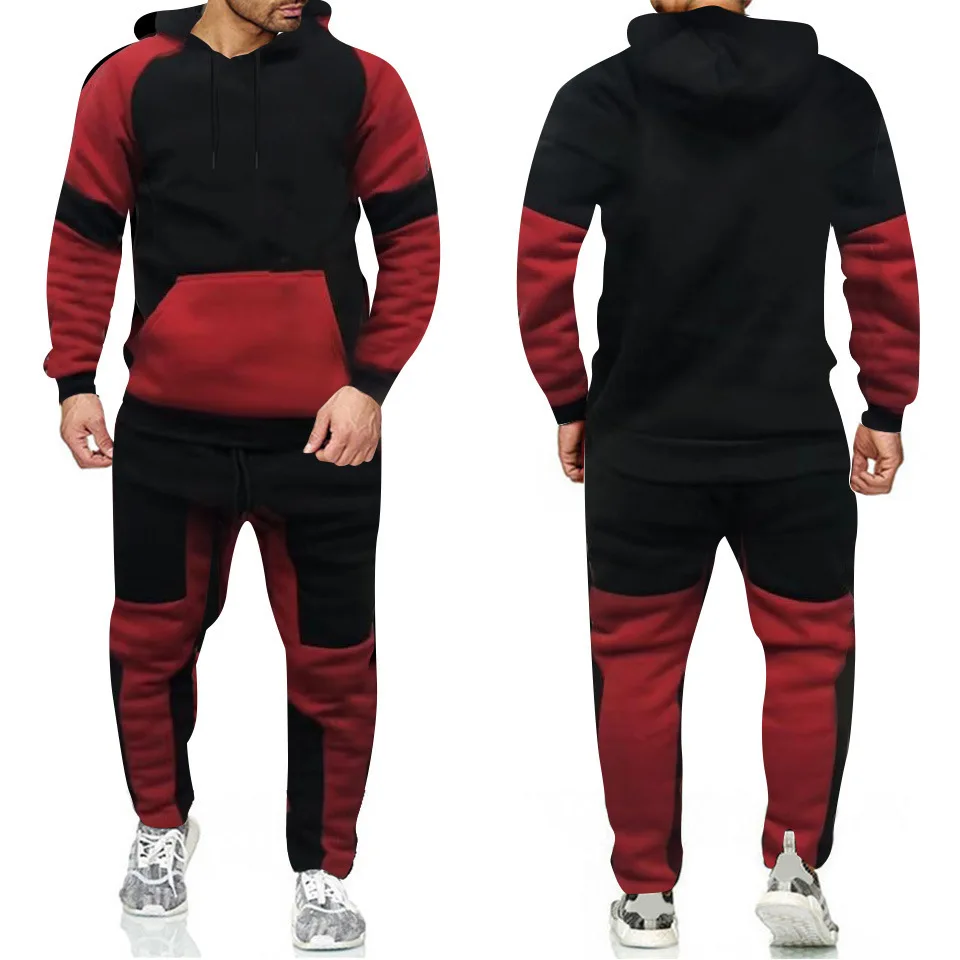 

2021 New Spring and Autumn Men's Plus Size Color Matching Sweater Hooded Suit European and American Fashion