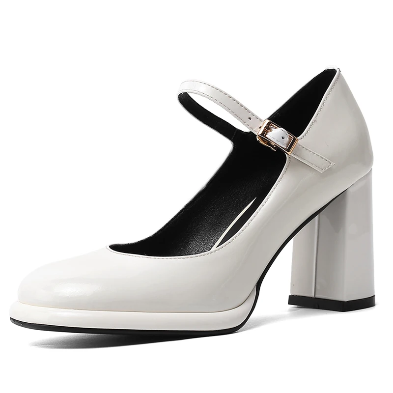 

Spring Women Mary Janes Pumps Elegant Ladies Patent Leather Ankle Strap Square Toe Black Red White High Thick Heel Shoes M014