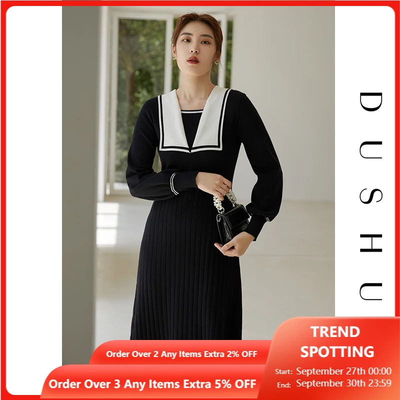 

DUSHU Vintage Black Knitted Sweater Dress Women Elegant Long Sleeve Slim Plus Size Dress Autumn Winter Office Lady Sexy Dress