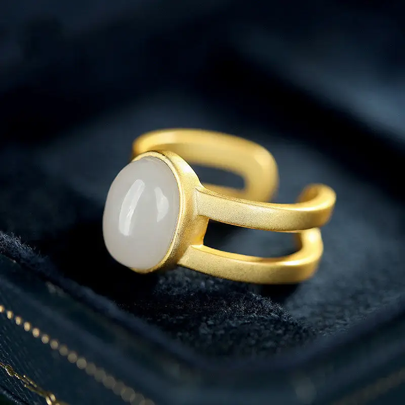 

Natural Hetian Jade Ring S925 Sterling Silver White Jade Oval Ring Simple Personalized All-Match Open Ring Ornament for Women