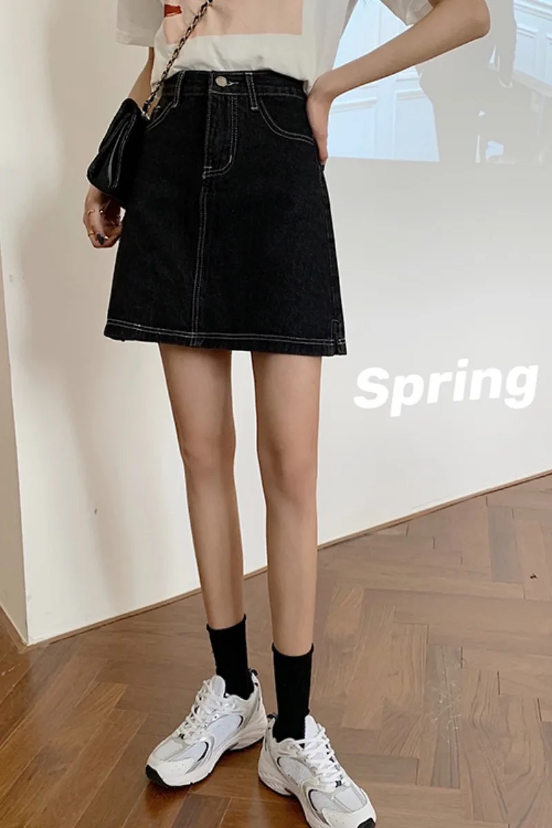 

Black skirt half length skirt split high waist denim skirt women's one-step dress Korean summer slim A-line skirt short skirt