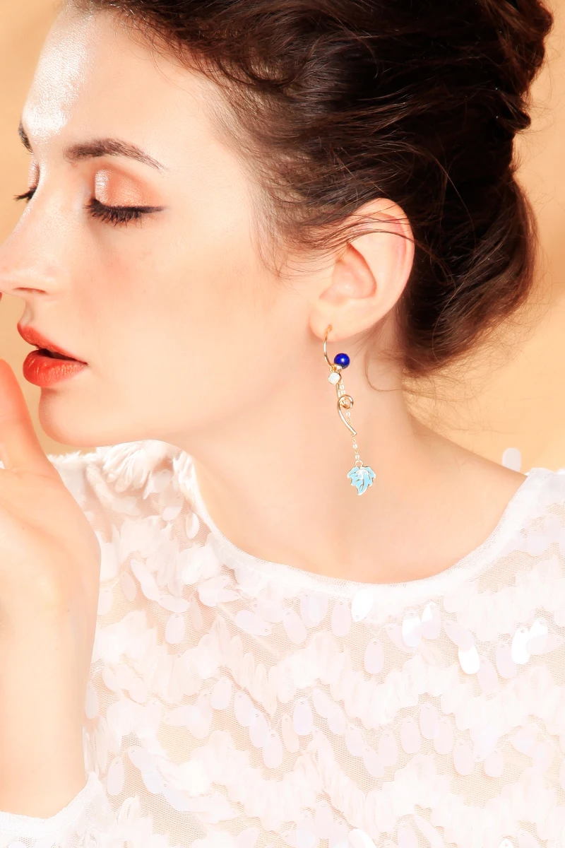 Модные серьги капельки уникальные синие эмалированные листья натуральная