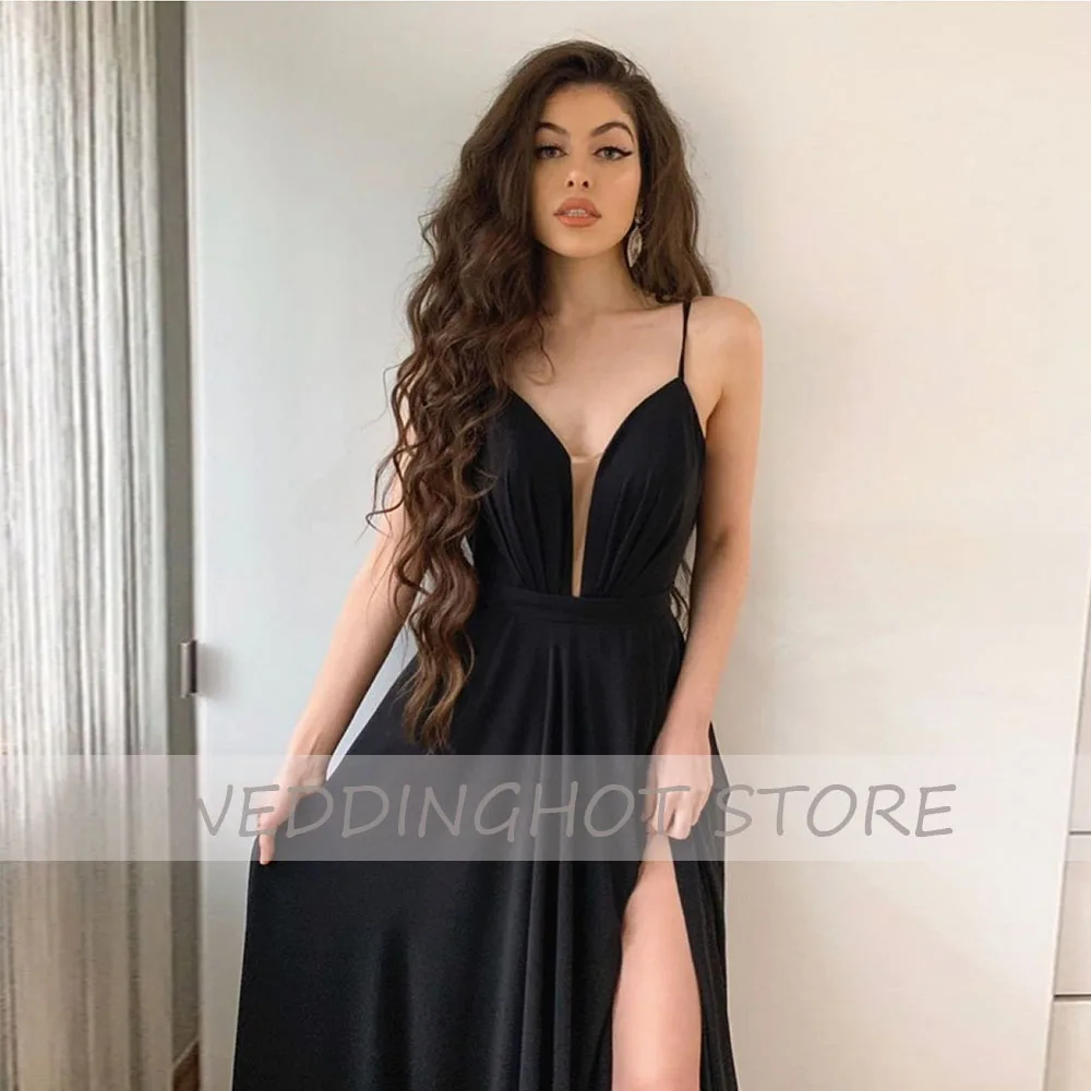 

Black V-Neck Evening Dresses Long 2021Women Side Split Spaghetti Strap A-Line Simple Prom Party Gown Sexy Custom robes de soirée