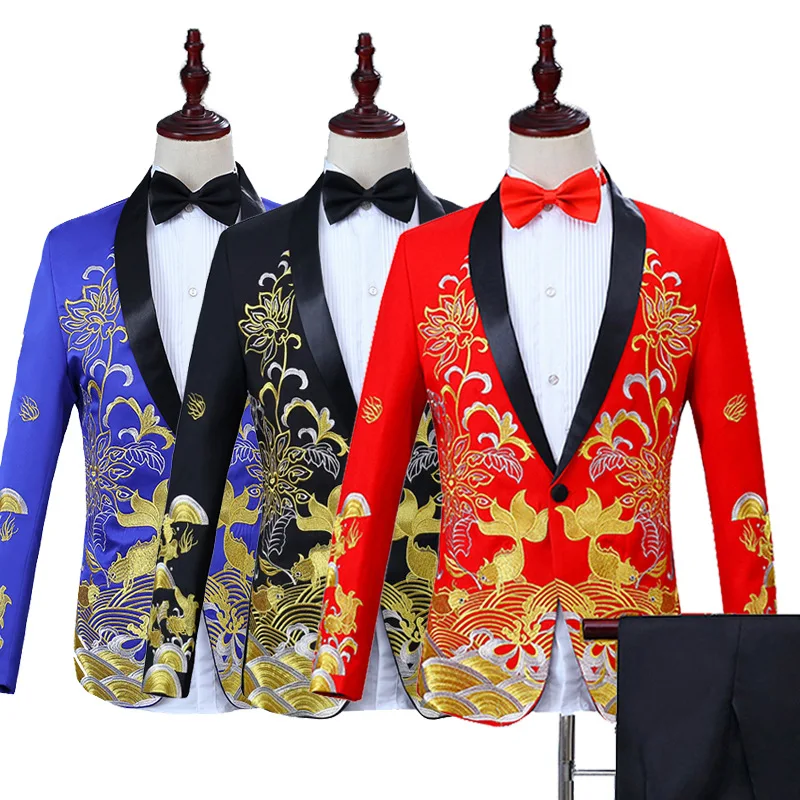 Chinese Style Men Fashion Gold Embroidery Suits Nightclub Party Prom Men Suit Blazers Stage Singers Costumes M-3XL