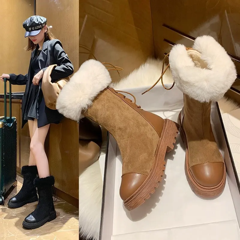 

Winter Boots Shoes for Women Platform Plush Warm Mid-tube Snow Boots Woman Casual Cotton Shoe Female Furry Round Toe Martin Boot