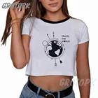Укороченный Топ для женщин, топ для путешествий по всему миру, кавайная одежда в стиле Харадзюку для девочек, женская футболка с графическим принтом, женская футболка
