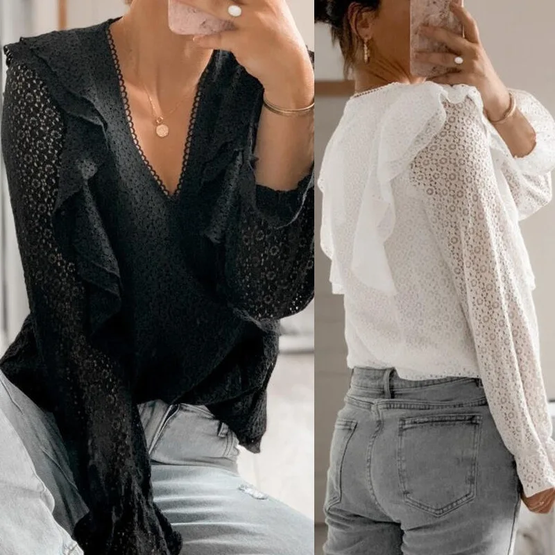 

Fashion Women V-Neck Top 2021 New Arrival Female Spring Puff Ruffle Long Sleeve Shirt White Black Casual Hollow Out Tops