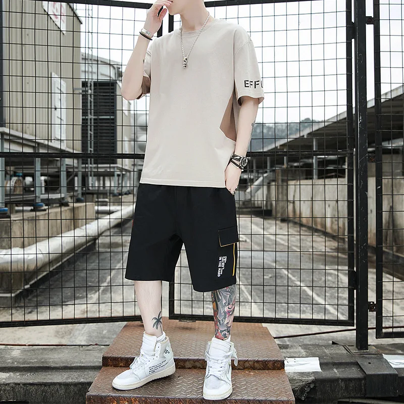 

Summer men's short sleeve T-shirt cotton suit breathable loose Korean Trend simple fashion shorts 2-piece men's suit