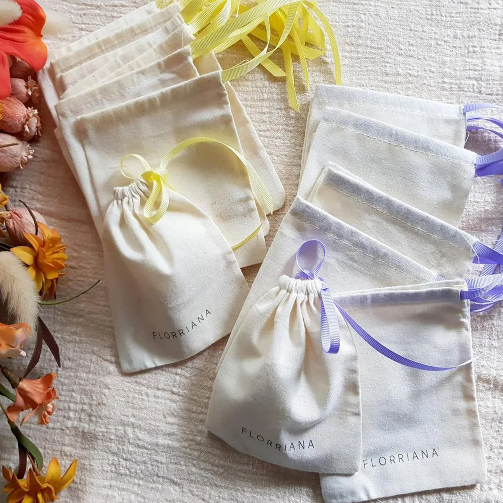 

50 Pcs/Custom printed cotton pouches with grosgrain ribbon Personalized drawstring Guest Bag Favor Bag Gold Jewelry Bags logo