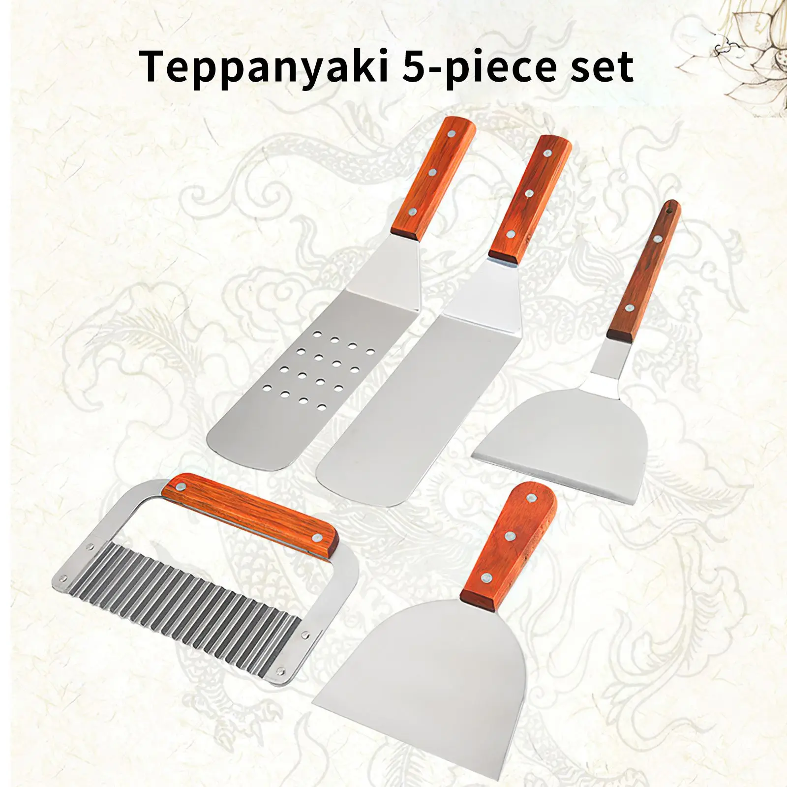 

Exclusive Five Pieces Barbecue Tool Set Long Short Spatulas Set BBQ Combination Grill BBQ Griddle Accessories Set Griddle Tools