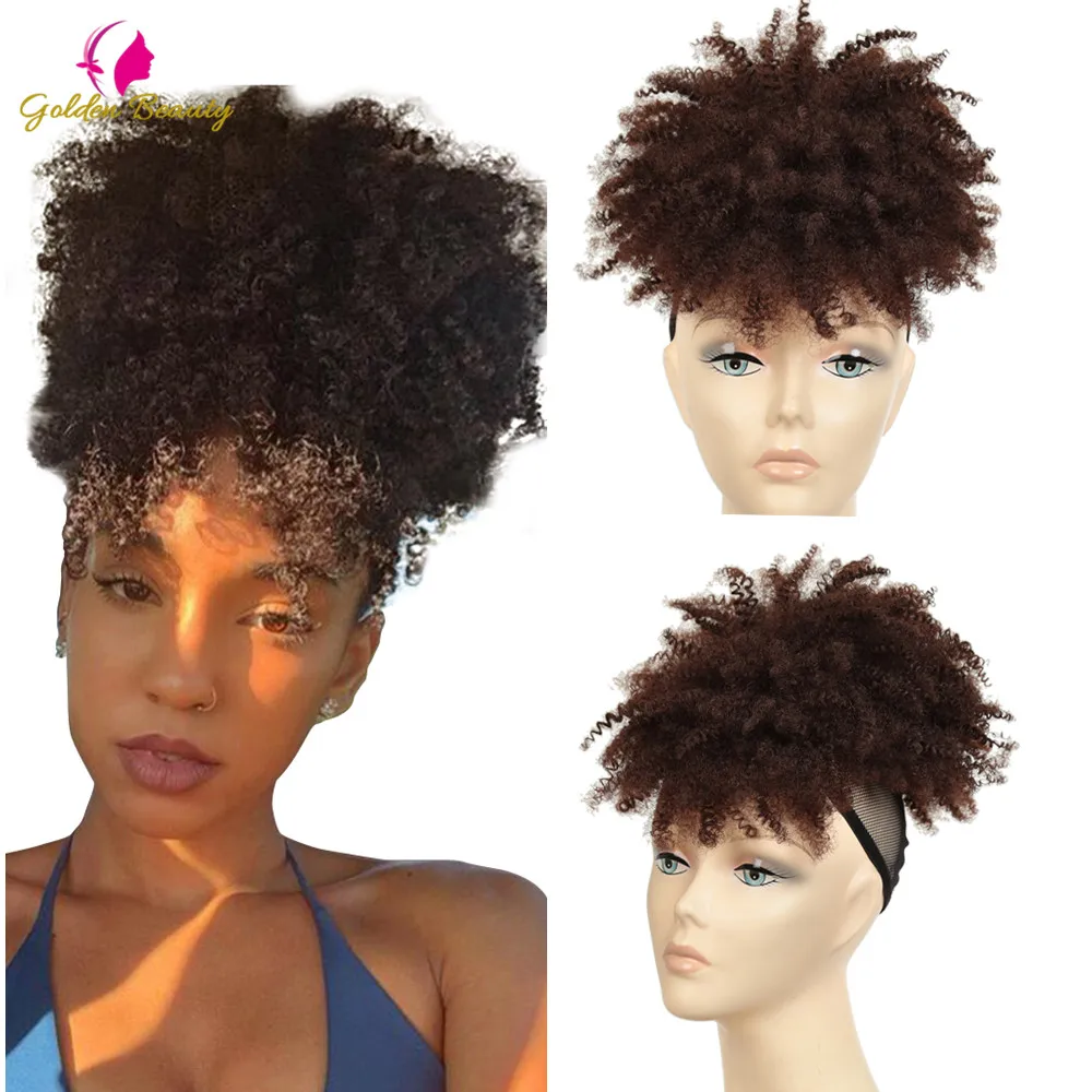 

Puff Afro Kinky Curly Drawstring Ponytail With Bangs Hairpiece Synthetic Bun Chignon Clip in Pony Tail Hair Extension