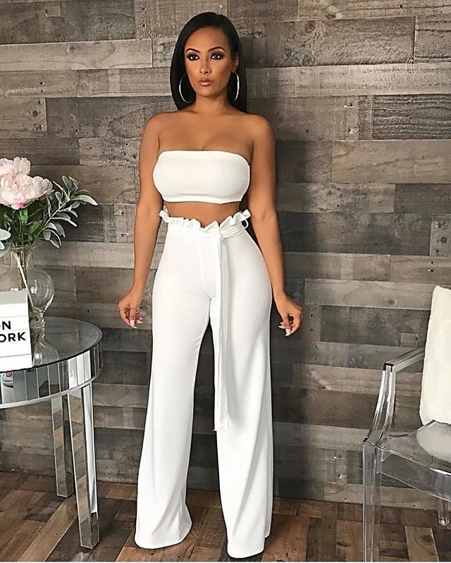 

Modern Stylish Solid Sexy 2 Piece Set Summer Strapless Crop Top+Empire Sashes Ruched Long Wide Leg Pants Lady Partywear WMZ2320