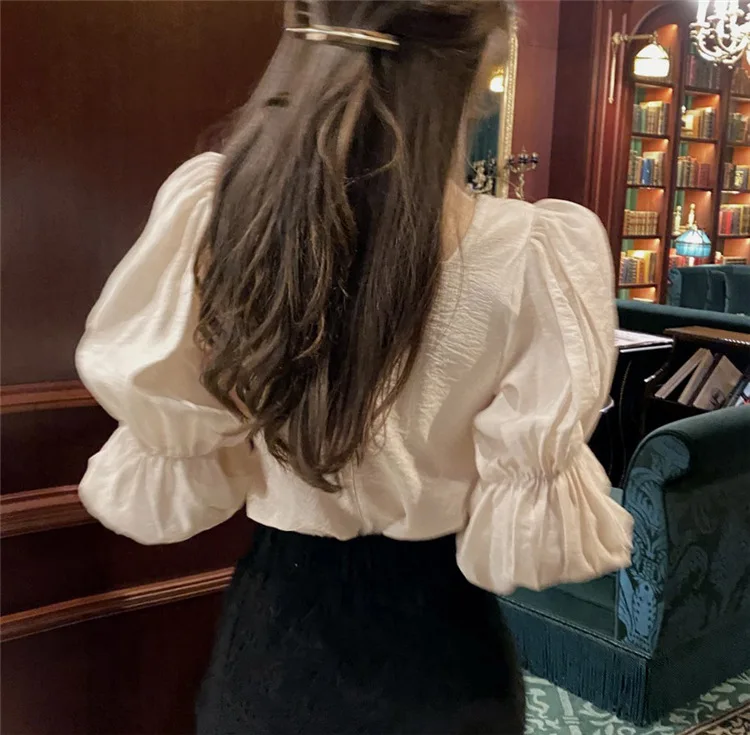 

2020 Korean chic sweet retro square collar chiffon bubble sleeve long-sleeved shirt woman tops bloues Streetwear vintage