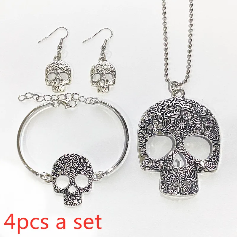 

4Pcs Set Punk Hip Hop Handmade Skull Gorgeous Necklace Bracelet Earrings Jewelry Gift For Best Friends Lover Wholesale