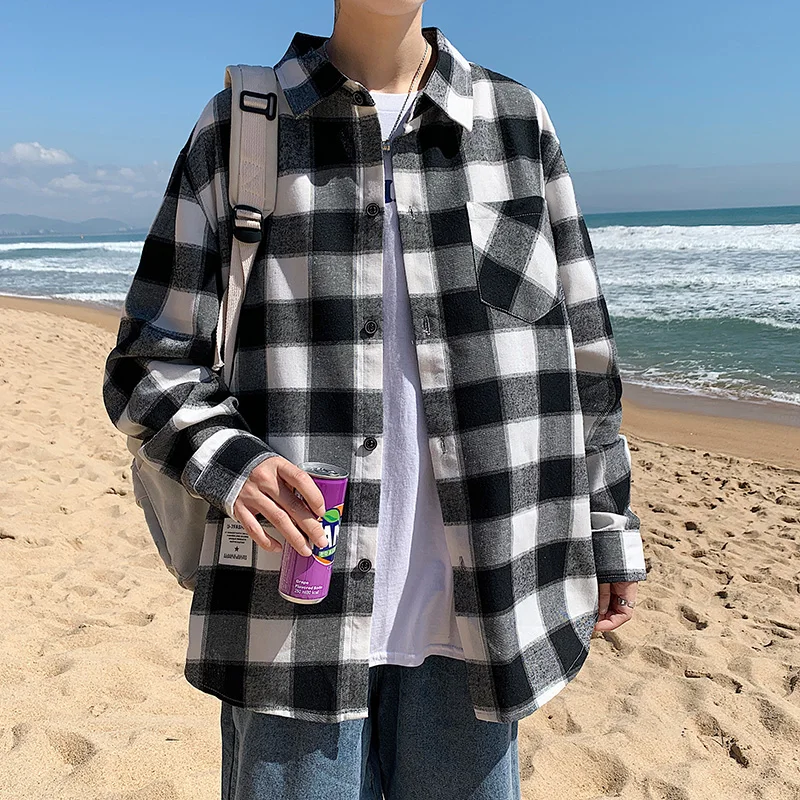 

Brand Men Oversized Plaid Shirts 2021 Autumn Man Hip Hop Patchwork Button Up Long Sleeve Shirt Couple Korean Harajuku Clothing