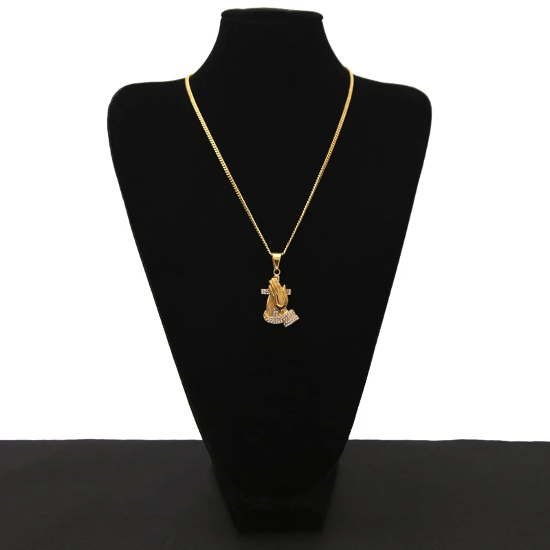 

Praying Hands Cross Golden Necklace Stainless Steel Neutral Necklace Retro Crystal Pendant Necklace Jewelry wholesale new