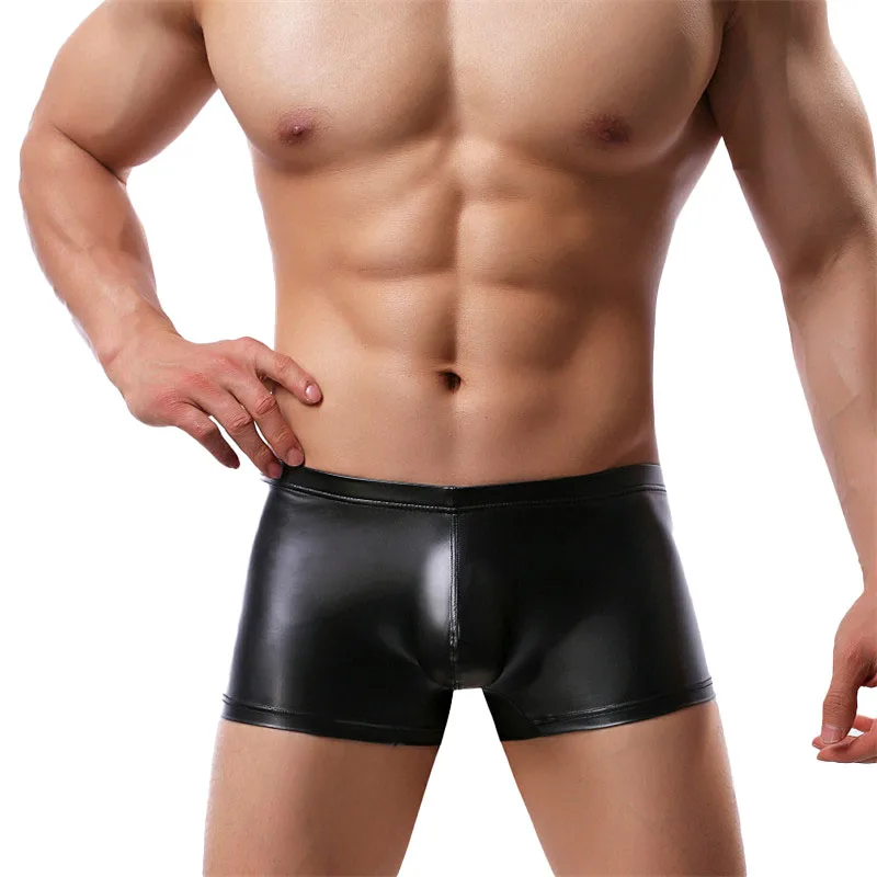 

Mens Boxers Sexy Night Club Leather Boxershorts Men's PU leather U Convex Pouch Underpants Male Panties Underwear Cuecas Shorts