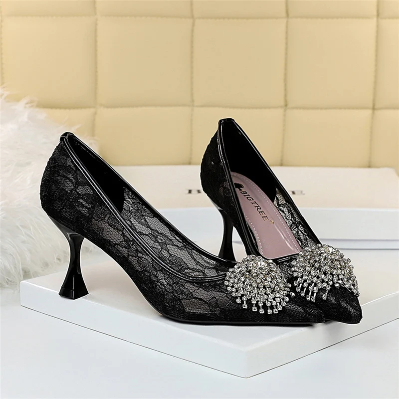 2021 Spring Autumn Elegant Women Flower 7.5cm Thin High Heels Pumps Designer Mesh Lace Crystal Exotic Dancer Bridal Shoes | Обувь