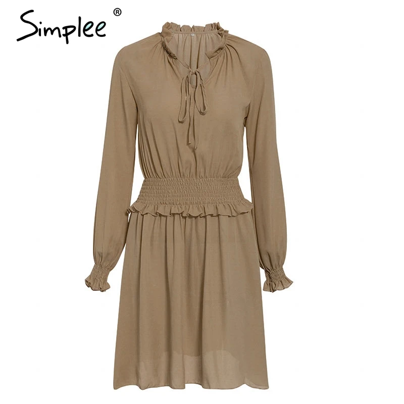 Simplee Lace up ruffled A-line women dress Elastic high waist short vintage dress Bohemian lantern sleeve female party dress