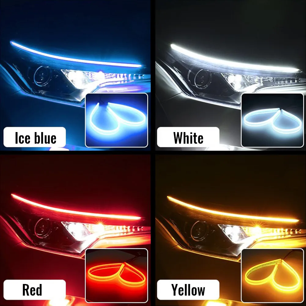 

2pcs 45cm 12V Slim Sequential Flexible LED DRL Turn Signal Strip Light Headlight White + Ambe Turn To Bulb