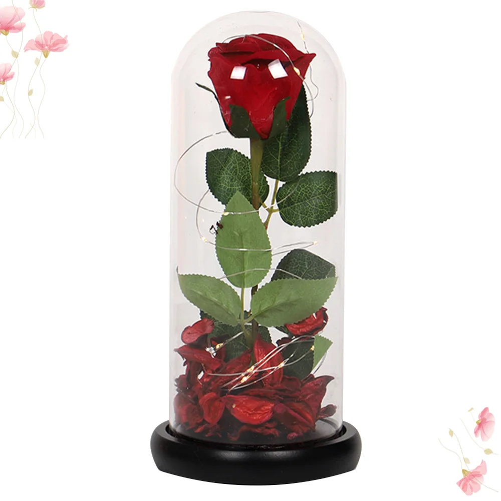 

Glass Cover LED Light Simulation Immortal Rose Desktop Ornament Valentine's Day Present Home Decor for Lady without Batter