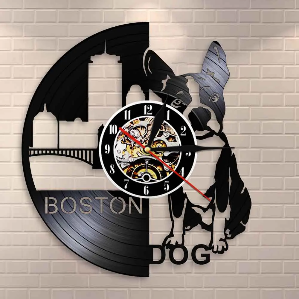 Фото Настенные часы Boston Dog: милый щенок, тень, виниловая пластинка, 3D-часы, современный дизайн, бесшумный декор для детской комнаты №3