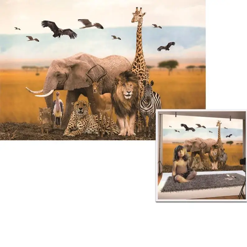 

HUAYI Photography Backdrops Birthday Photo Backdrop Baby Shower Jungle Safari Wild Animals Party Decor Banner Background W-2039