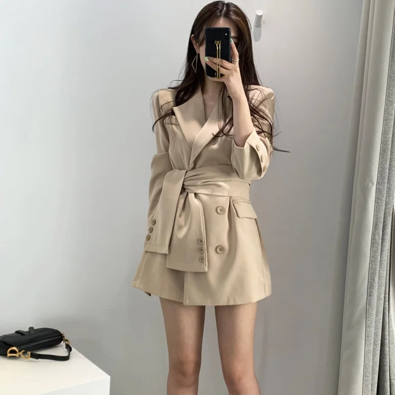 Женский блейзер с поясом Mozuleva Осеннее офисное платье-блейзер вырезом и уличная