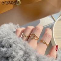 obear 3 styles 14k real gold korean version minimalist knotted cross leaf open ring for woman elegant jewelry gift