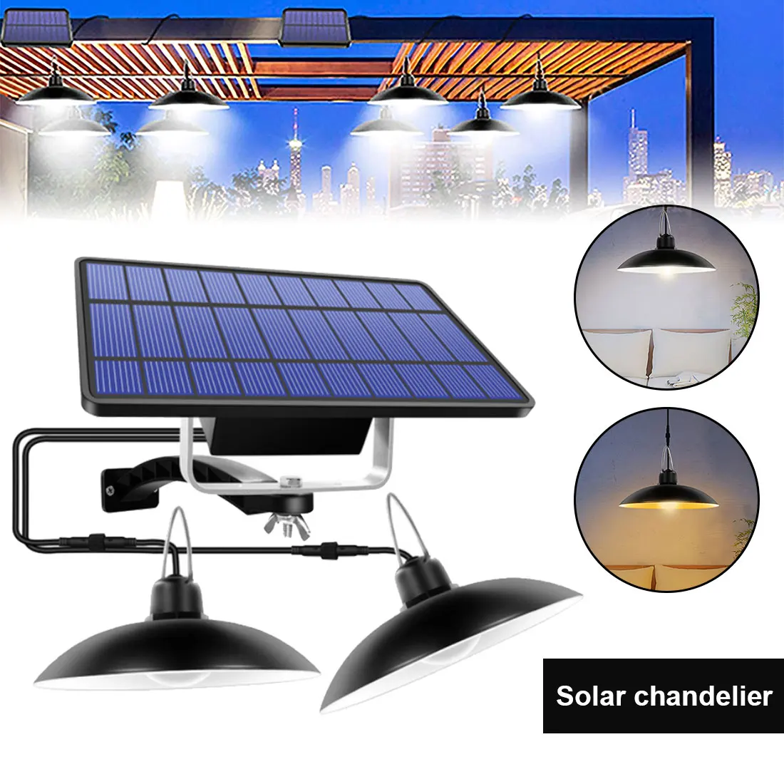 

LED Solar Pendant Light Indoor Solar Powered Outdoor Light with Line Bulb Home Garden Canopy Lighting Double Head Chandelier