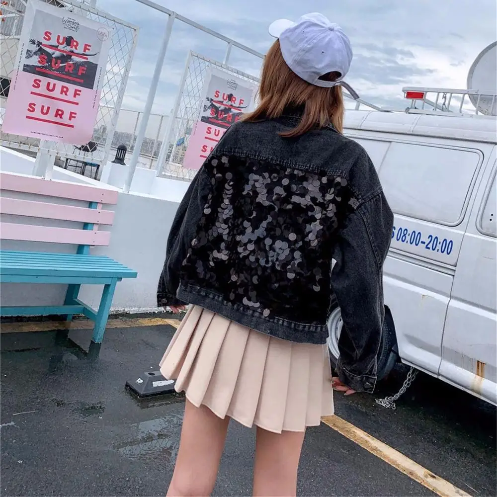 Женская джинсовая куртка с блестками свободная вечерние няя одежда из денима для