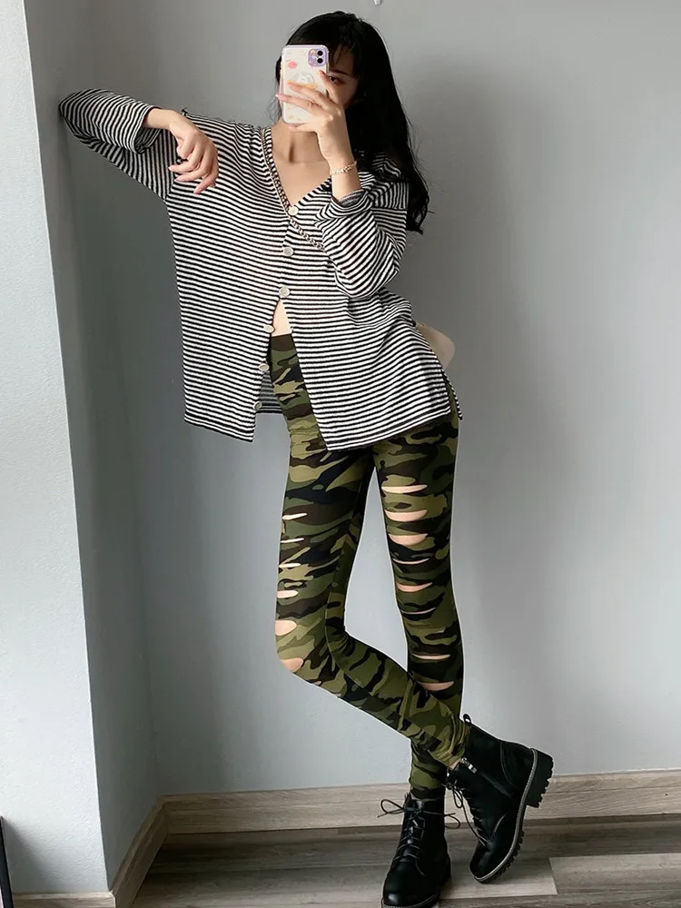 Women's Camouflage Leggings Ripped Elastic Tight-fitting Personality Fashion High-waisted Tight Trousers