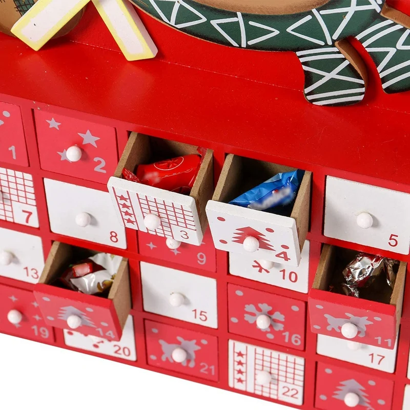 

Christmas Wooden Advent Calendar with Drawers 24 Day Countdown Cute Holiday Decoration (Red)