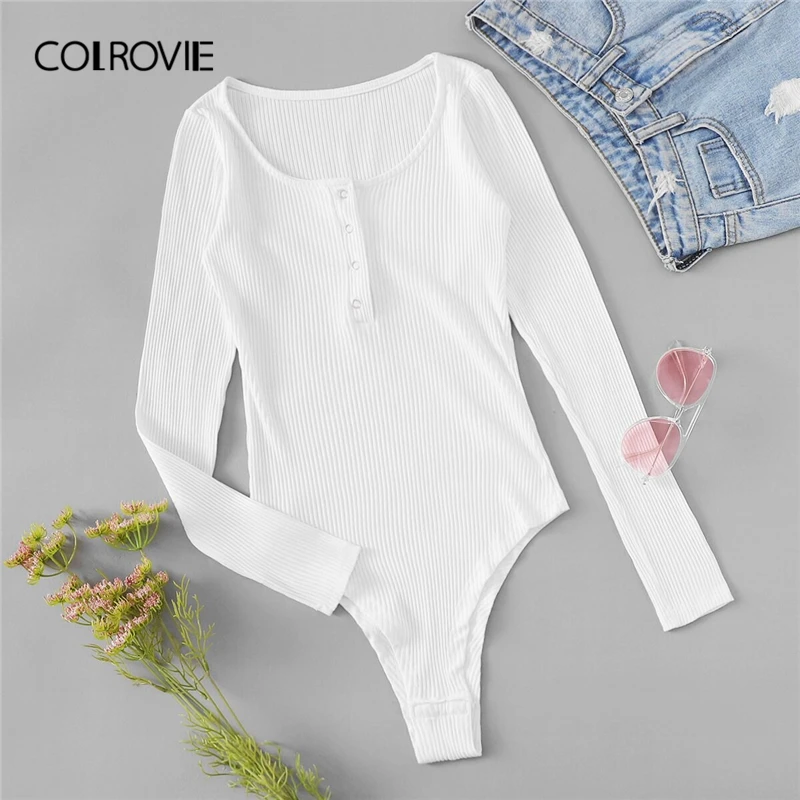 COLROVIE белое с глубоким круглым декольте боди с резинкой для женщин осень с длинным рукавом обтягивающие сексуальные однотонные Повседневные базовые боди