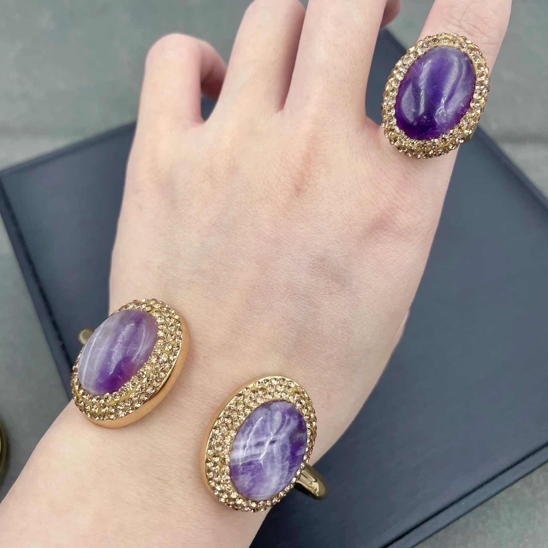 

Pink /Purple Quartz Set CZ Plated Round Beads Gold Plated Bracelet Ring Sets Lady Women Gift Jewelry