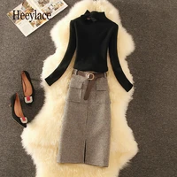 elegant women autumn winter clothing set turtleneck sweaters tops and wool tweed long skirts suit office ladies two pieces sets