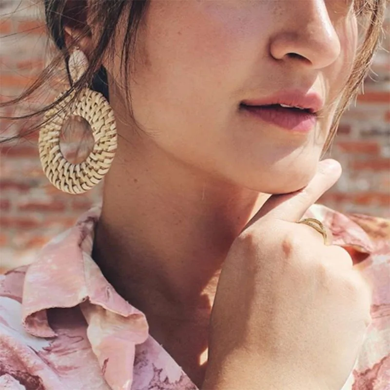 Женские богемные плетеные серьги из ротанга вязаные ручной работы деревянная