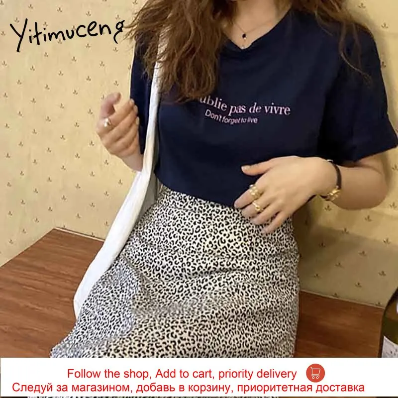 

Yitimuceng Letter Print T Shirts Woman Oversize Tees Unicolor Apricot White Navy Blue Tops 2021 Summer Fashion Casual Tshirts