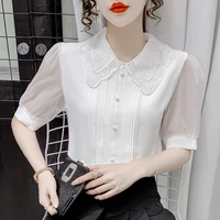 fashion doll collar white shirt short sleeve chiffon shirt womens top summer blusas mujer de moda 2021 verano elegantes