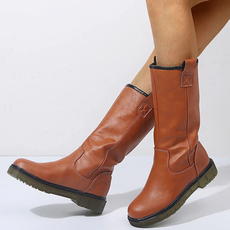 

Женские кожаные сапоги до середины икры, женские зимние теплые сапоги на плоской подошве с плюшевой подкладкой, женская обувь без застежки, ...