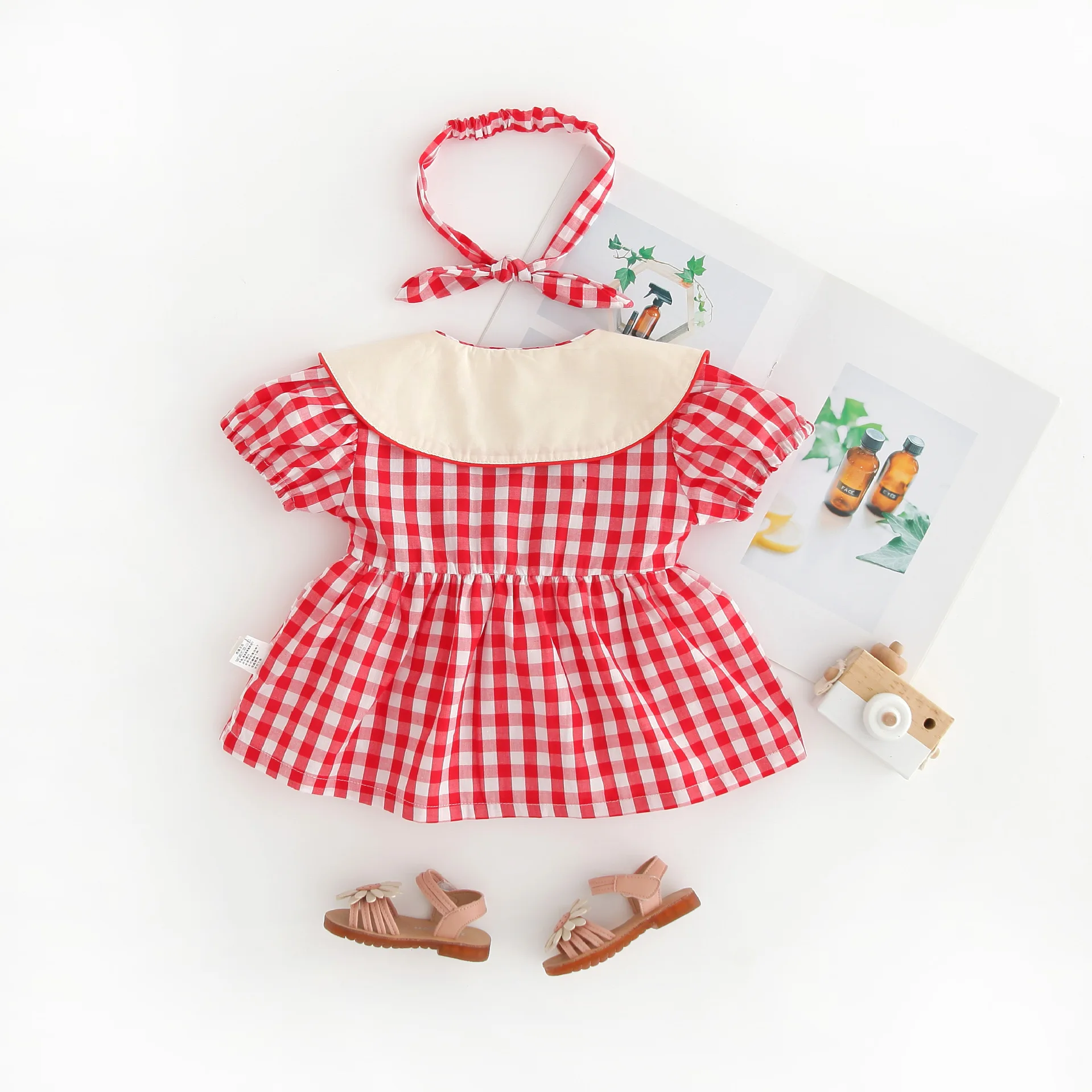 

TONSEN Active Red Plaid Short-Sleeved Top Peter Pan Collar Romper Baby Girls Dress Sets Infant Onseie Outfit Jumpsuit Outdoor
