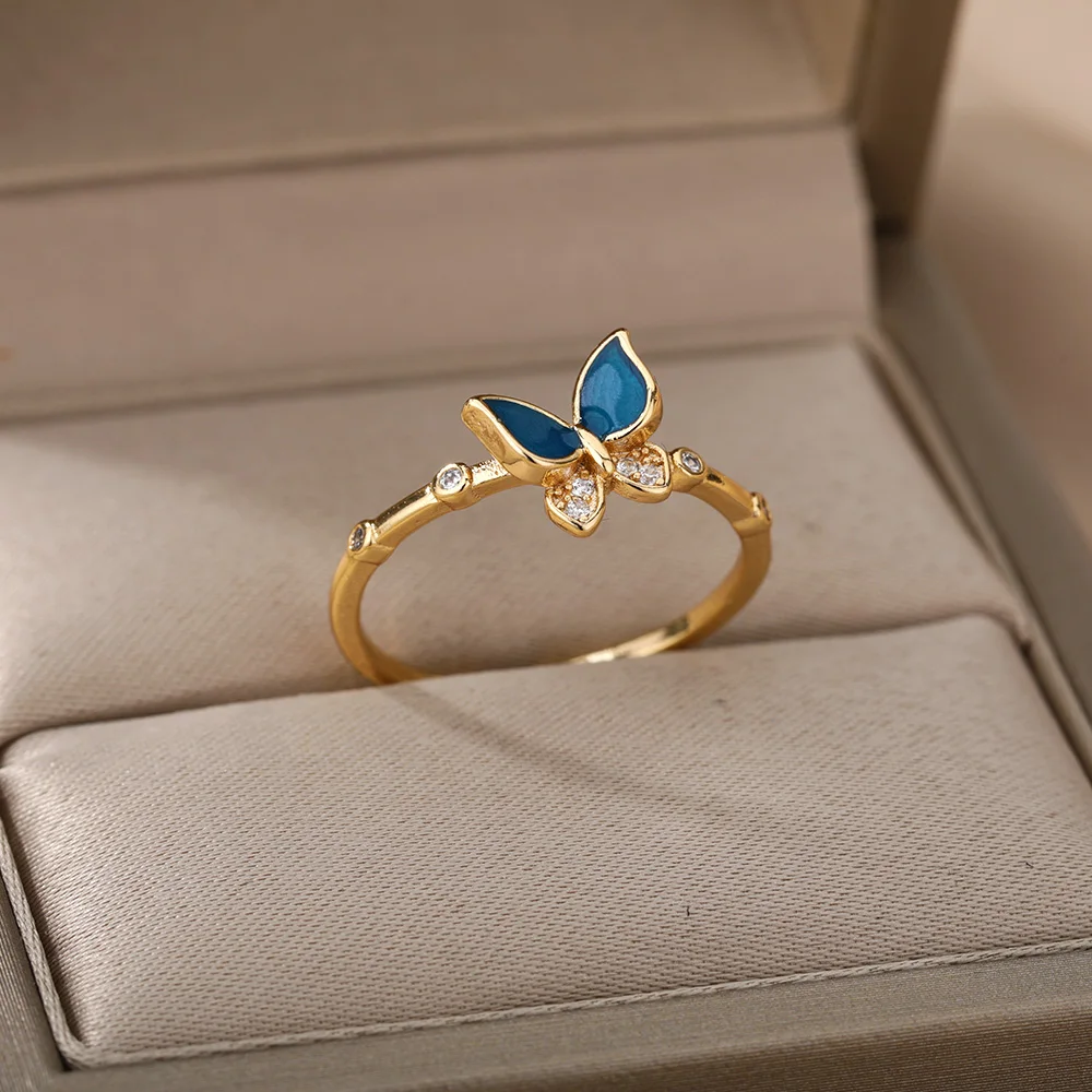 

Cute Mini Zircon Blue Butterfly Rings For Women Gold Sliver Color Open Adjusatable Finger Rings Fashion Jewelry Wedding Gift