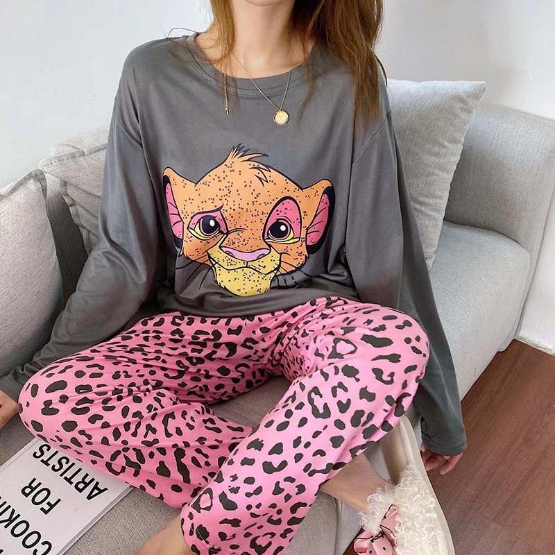 Disney Women Pajamas Set Silk Cotton Girls Cartoon Mickey Minnie Sleepwear Tops Pants Home Clothing Pyama Woman Ropa Mujer | Женская