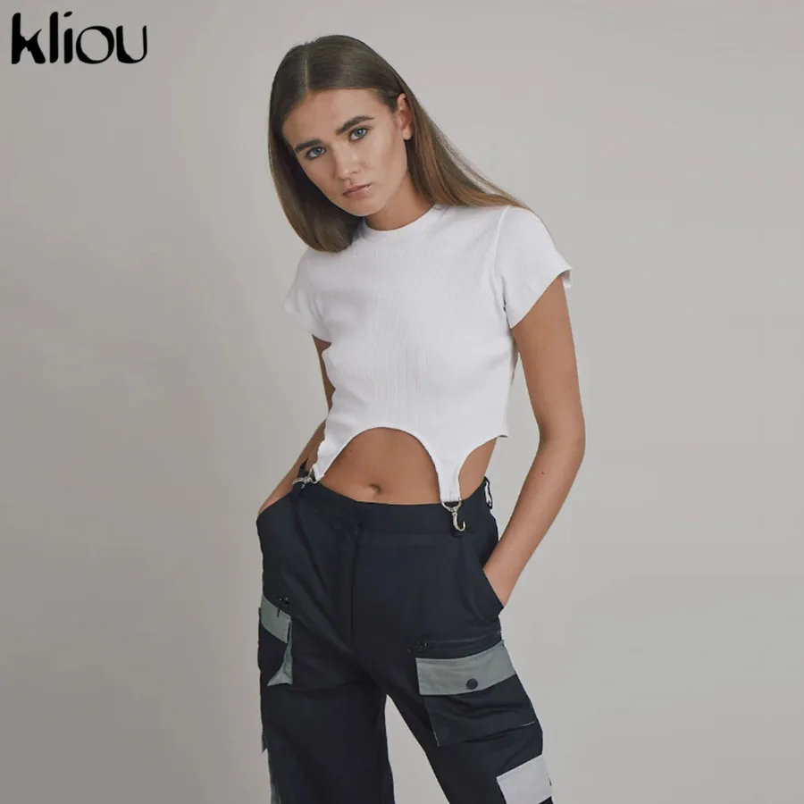 Женский укороченный топ Kliou однотонный черный/белый с коротким рукавом