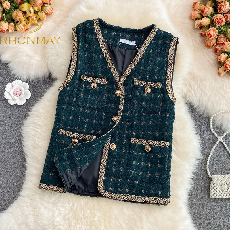 

Elegant Faux Cashmere Vest Outwear Femme 2021 Pearl Buttons Pockets V Neck Tweed Casual Women Coats Knitted Waistcoat