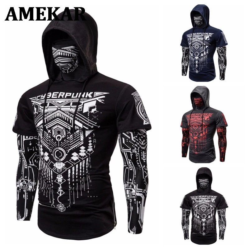 

Мужские толстовки с принтом черепа, свитшот с имитацией двух предметов, мужской пуловер в стиле панк для бега, эластичная уличная одежда, то...