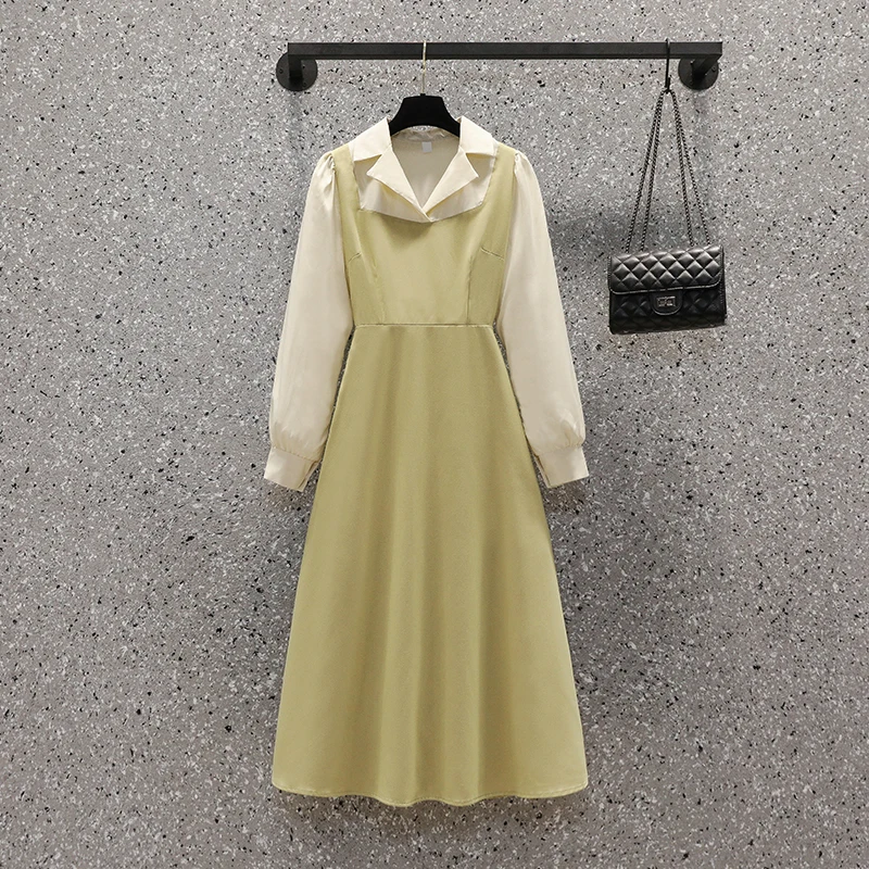 

Однотонное Элегантное Длинное Платье на осень 2021 с отложным воротником и длинным рукавом Пэчворк с высокой талией имитация двух частей кор...