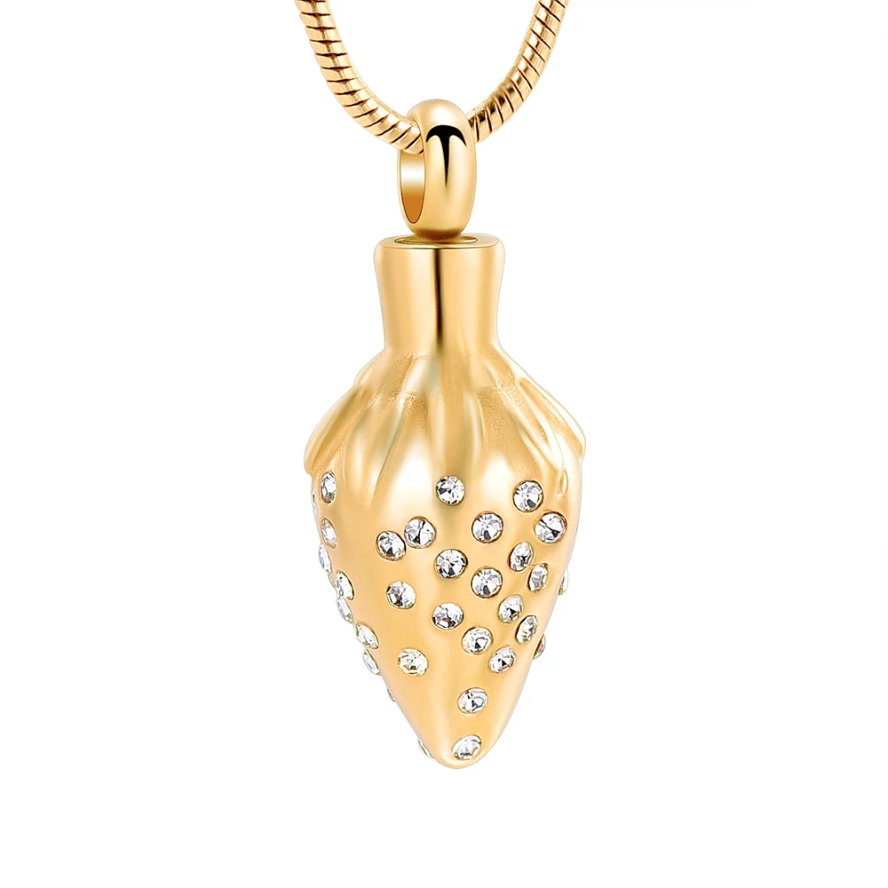 

Different Color Stainless Steel Strawberry Cremation Jewelry For Ashes With Clear Crystal Keepsake Memorial Urn Pendant Necklace